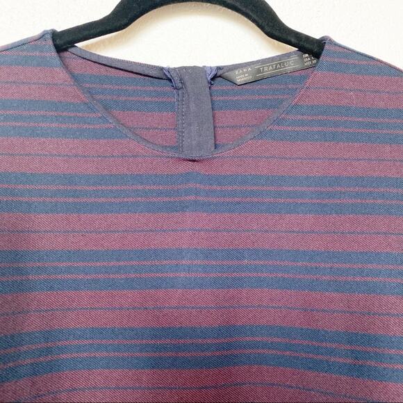 Zara Maroon Navy Stripe Bubble Sleeve Top Size Large - Picture 4 of 9